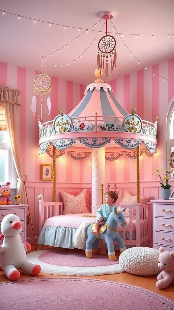 A vintage carousel-themed bedroom for kids with soft pink walls, a carousel bed, plush toys, and dreamy decor elements.