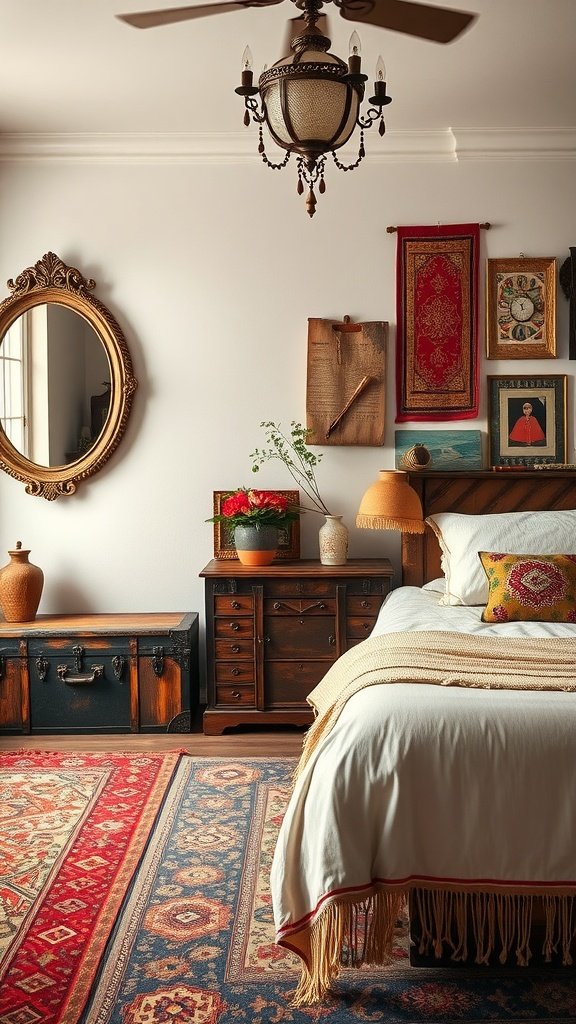 A cozy vintage-inspired bedroom featuring a chandelier, ornate mirror, wooden furniture, layered rugs, and colorful artwork.