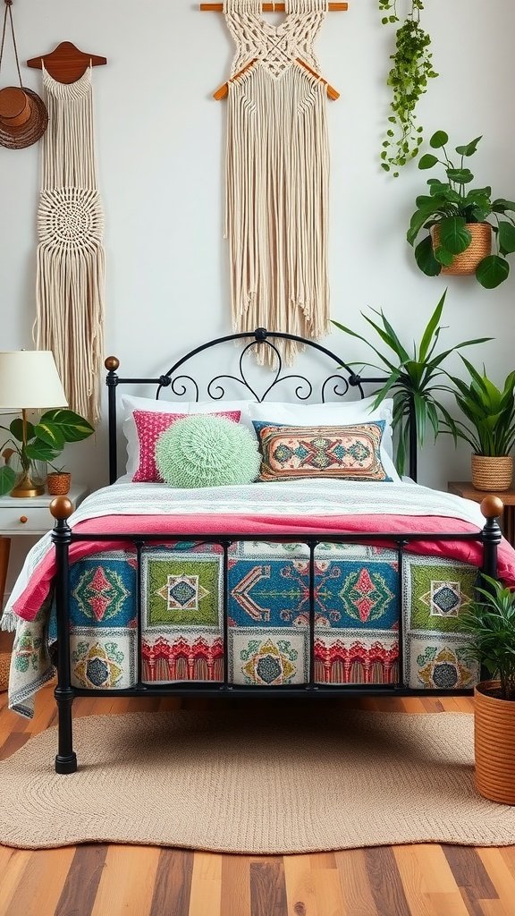 A vintage iron bed frame with colorful bedding and Boho decor in a cozy bedroom