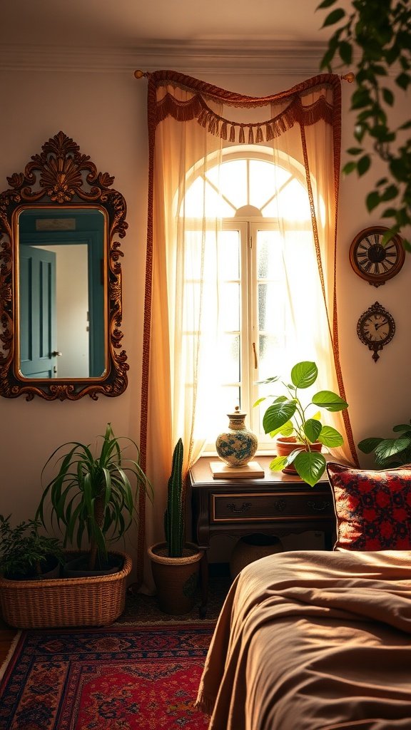 A cozy bedroom featuring a vintage ornate mirror beside a window with soft drapes, plants, and warm colors.