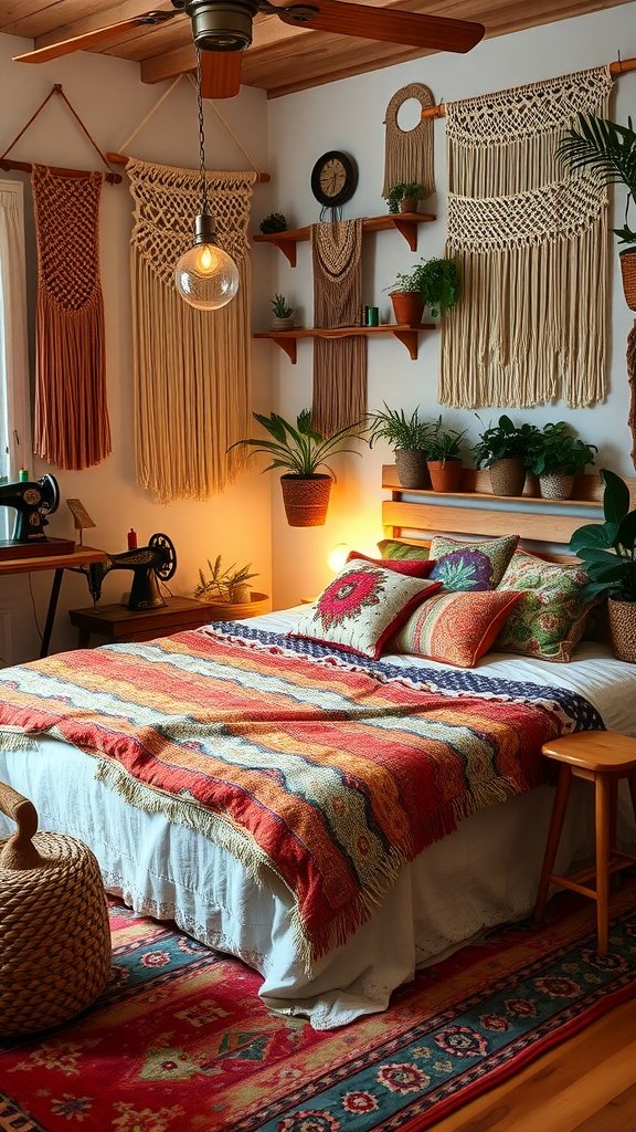 A cozy teenager's bedroom featuring vintage macramé wall hangings, colorful patterned bedding, and indoor plants.