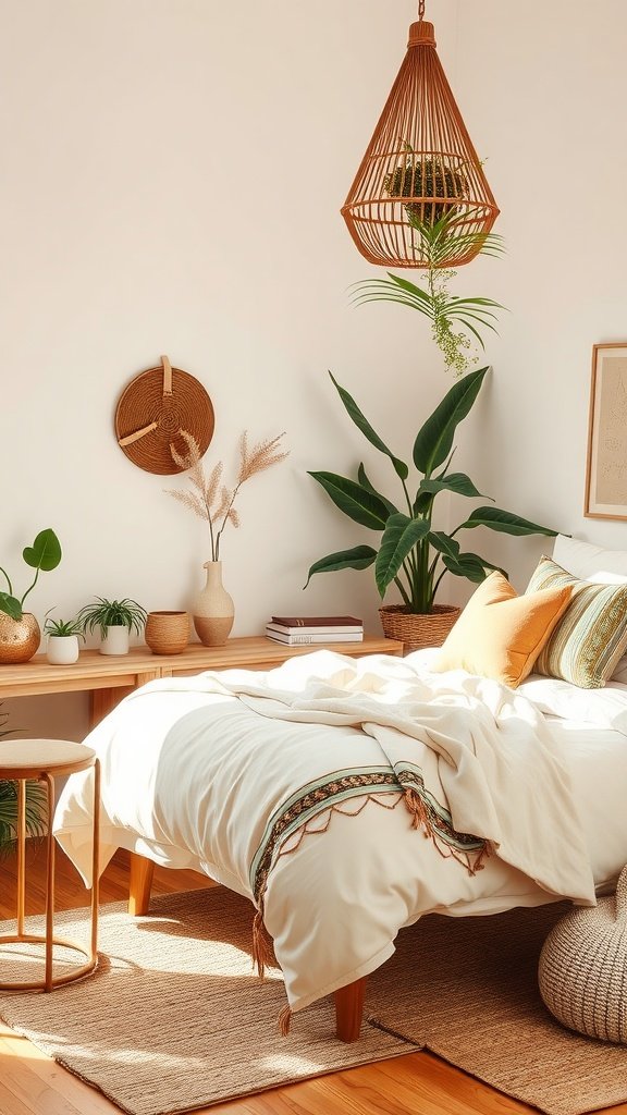 A warm and cozy minimalist boho bedroom with plants, soft bedding, and natural decor.