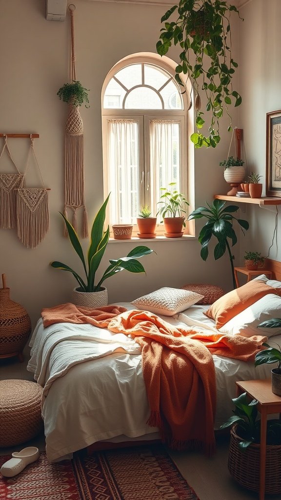 A warm and inviting boho style bedroom with plants, woven decor, and a cozy bed.