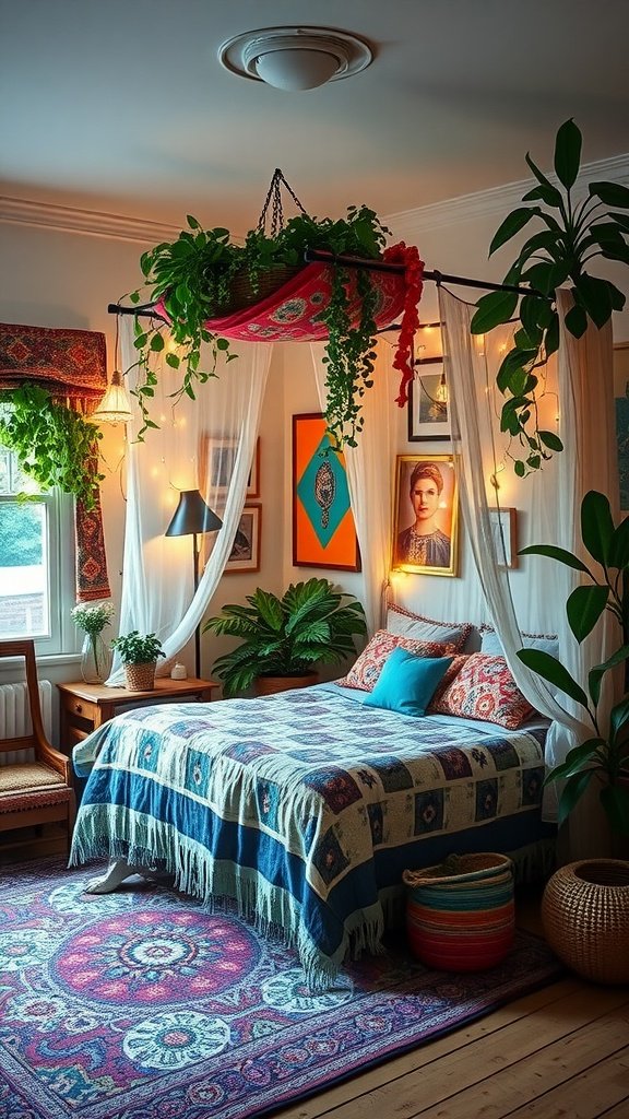 A whimsical modern Boho bedroom featuring vibrant colors, plants, and eclectic decor.