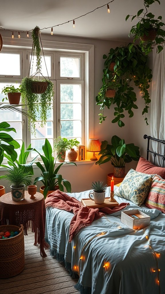 Cozy boho bedroom with plants, warm lighting, and inviting bed decor