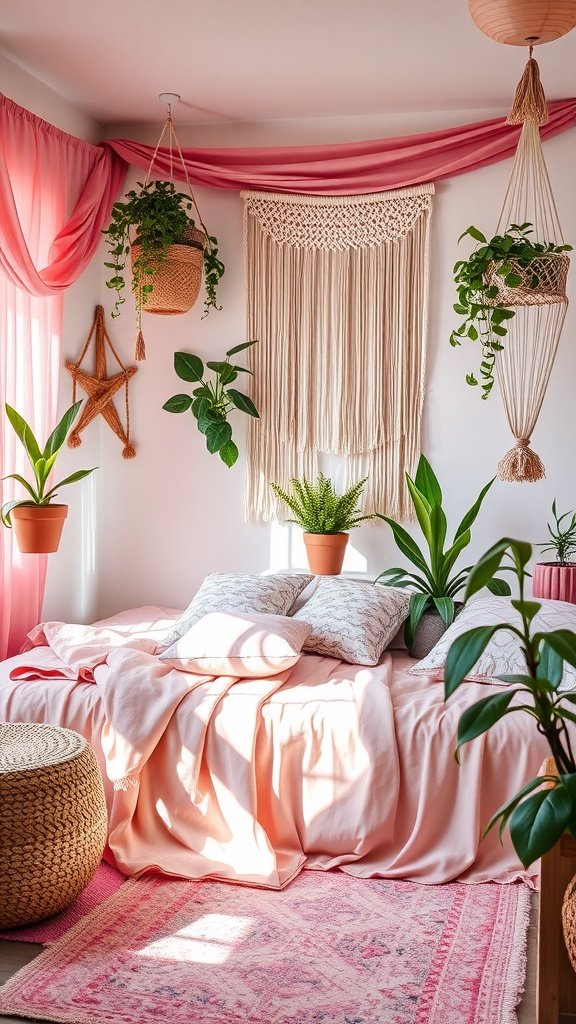 A cozy pink boho bedroom with hanging plants, macramé wall decor, and soft bedding.