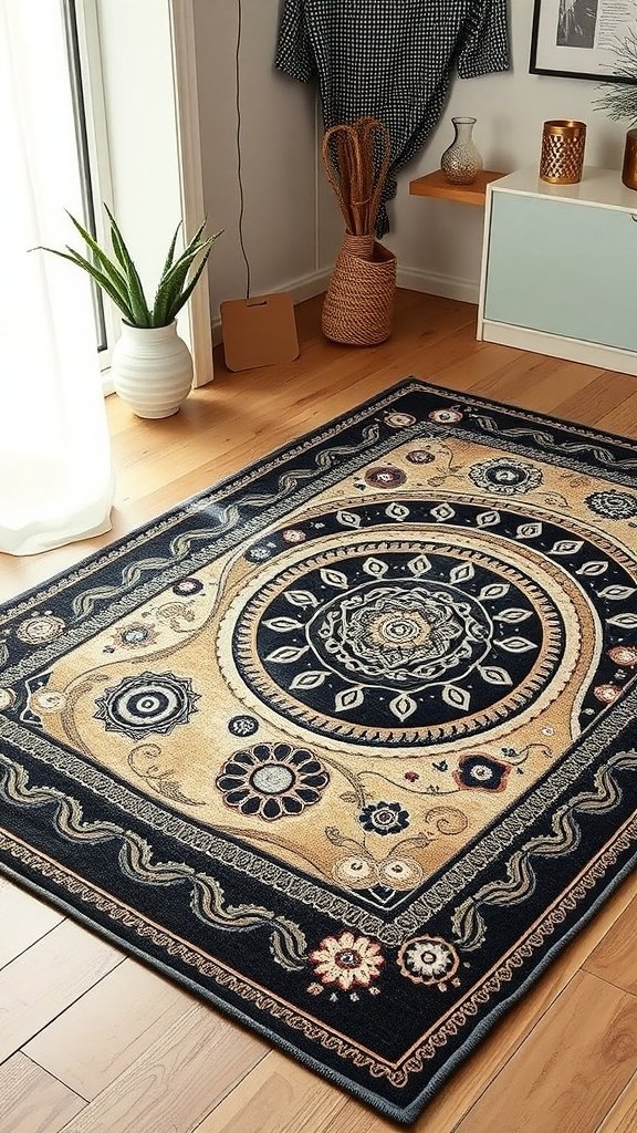 A beautifully designed rug with intricate whorls and floral patterns in blue and beige colors, placed in a cozy bedroom setting.