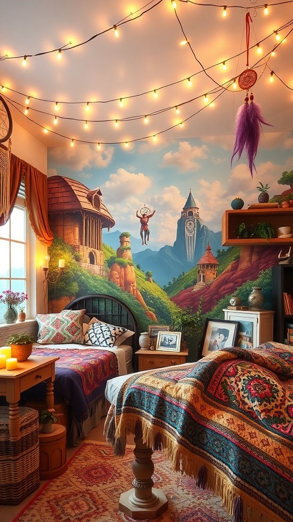 A whimsical Boho bedroom for teens with colorful bedding, a vibrant mural, and string lights.