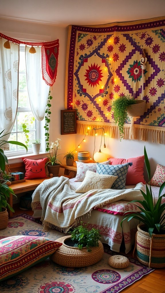 A colorful bohemian style teenager's bedroom featuring a vibrant wall tapestry, cozy bedding, playful pillows, and indoor plants.