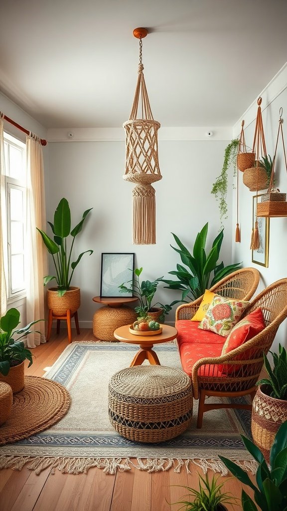 A cozy room with wicker furniture, plants, and vibrant decor, reflecting Boho style.