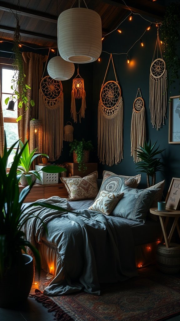 A beautifully decorated dark boho bedroom featuring a cozy bed, hanging lights, wall hangings, and plants.