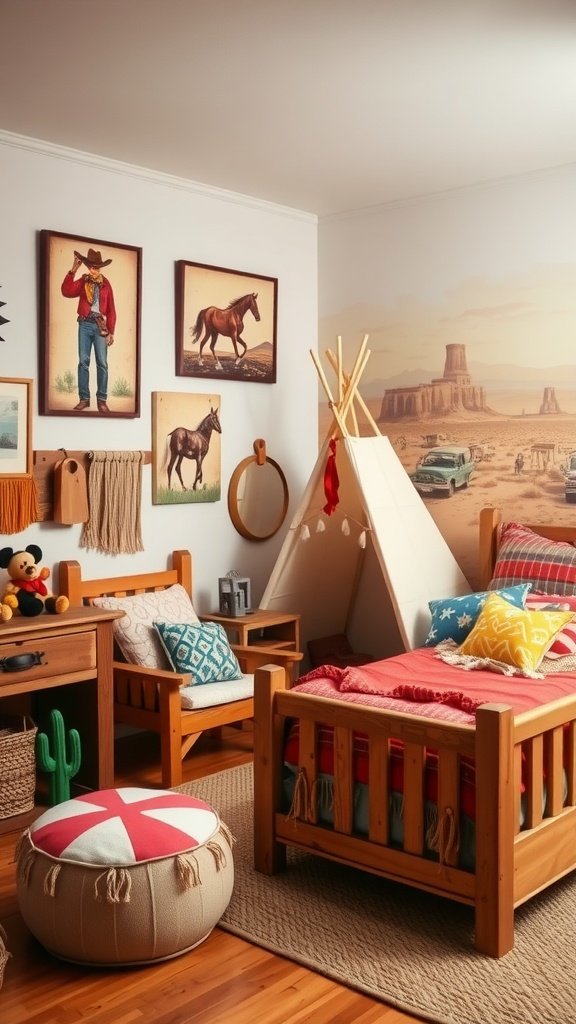 A Boho themed kids bedroom with wooden furniture, a teepee, and cowboy-themed decorations