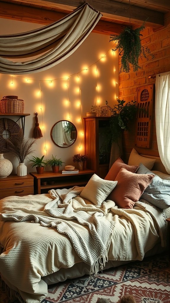 A cozy boho bedroom featuring soft blankets, warm string lights, and plants, creating a comfortable winter atmosphere.