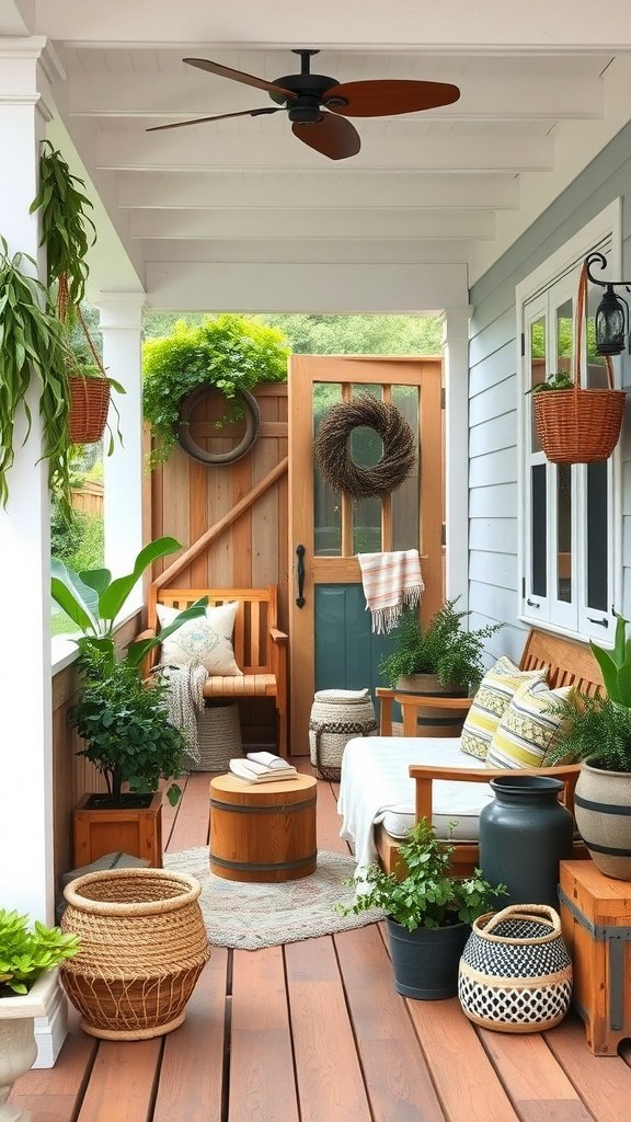 A cozy back porch featuring wooden furniture, plants, and decorative accents.