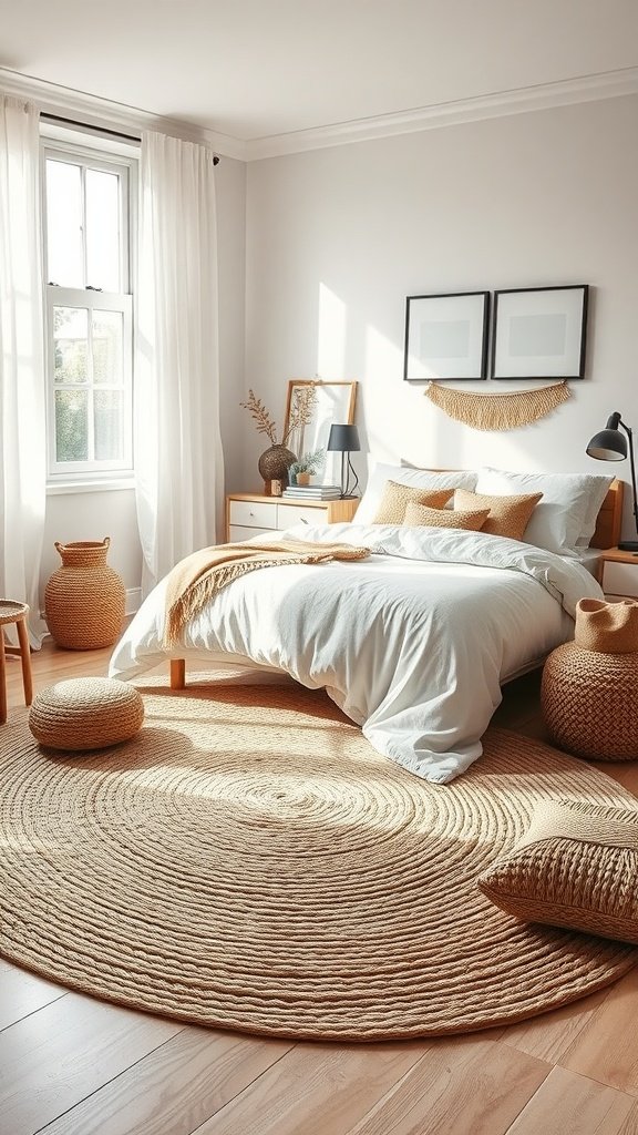 A cozy modern boho bedroom featuring a woven jute rug, a bed with white and beige bedding, and natural decor elements.