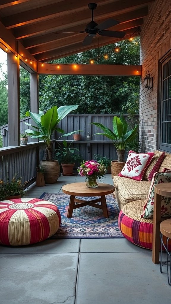 Colorful woven poufs placed on a boho back porch with plants and decorative pillows