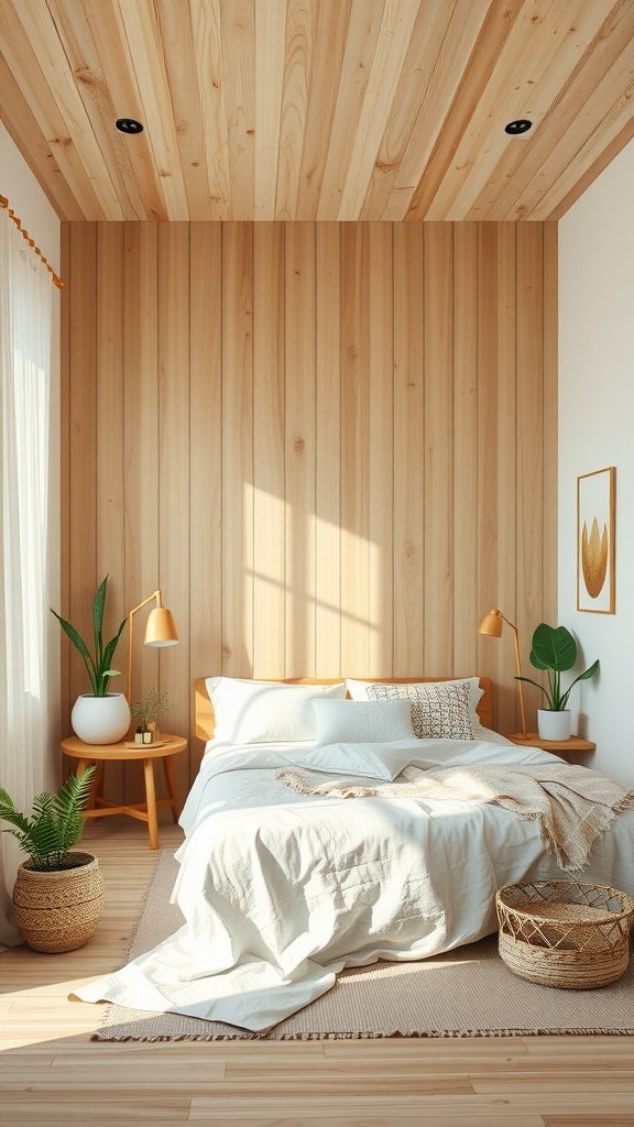 Zen-inspired minimalist boho bedroom with wooden walls, soft bedding, and plants.