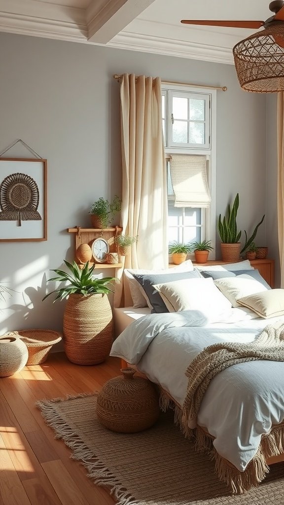 A light and cozy boho bedroom with plants, a comfortable bed, and soft textures.