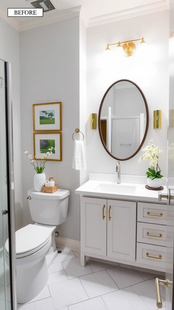 Before photo of a basic bathroom with neutral colors and minimal decor.