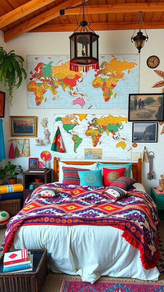 Cozy Boho bedroom with colorful decor, world maps on the wall, and vibrant bedding.