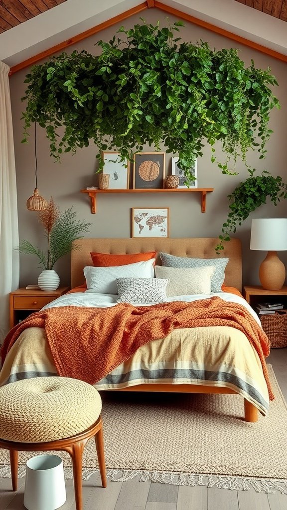 A contemporary boho chic bedroom featuring a warm color palette, greenery, and cozy textures.