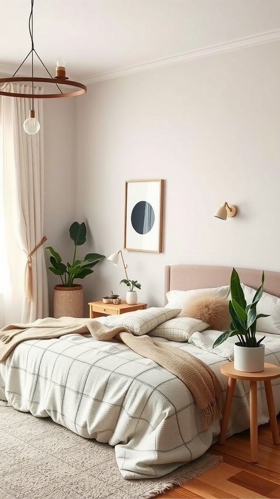 Cozy Scandi Boho bedroom with neutral tones, layered bedding, plants, and minimal furniture.