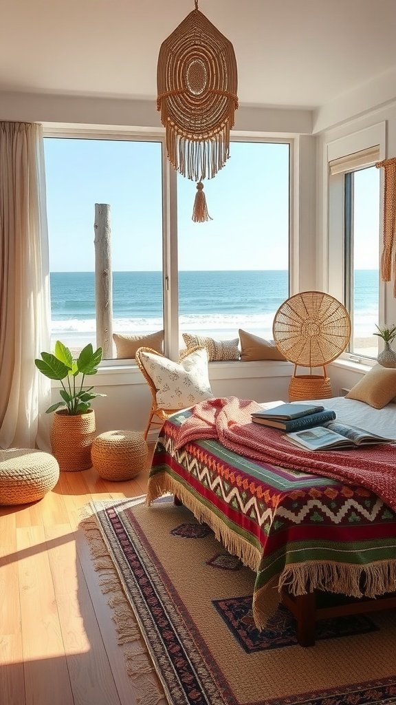 Bright boho bedroom with large windows overlooking the sea, featuring colorful textiles and plants.