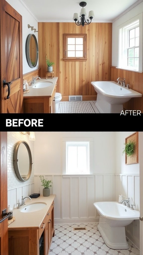 Before and after images of a bathroom makeover in the Midwest Southern style.