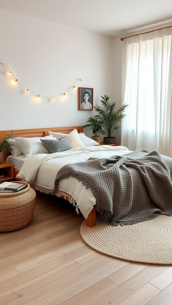 A cozy Scandi Boho bedroom with a wooden bed, soft blankets, and decorative plants.