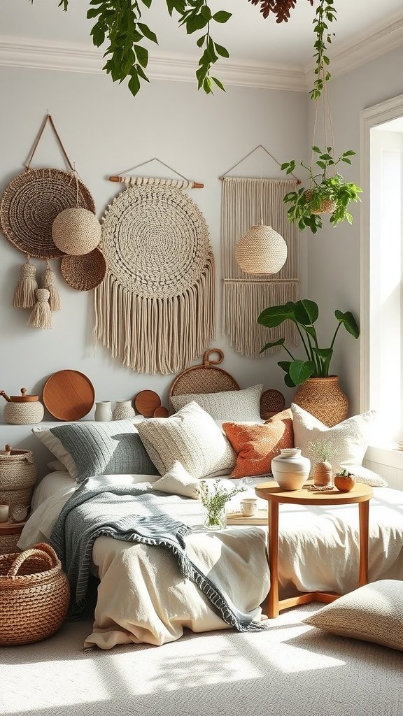 A cozy bedroom with artisanal decor, featuring woven wall hangings, textured pillows, and plants.