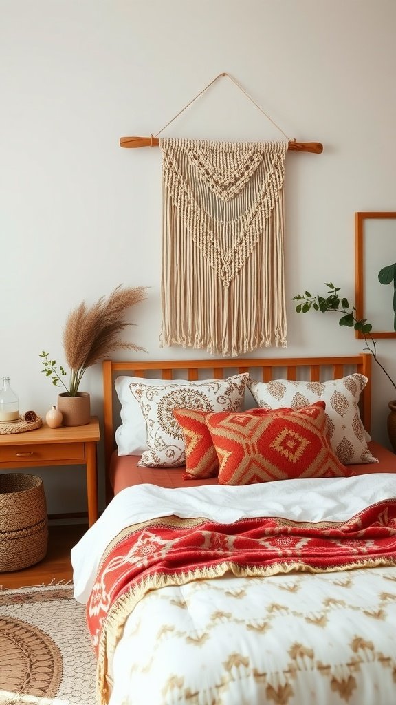 Cozy Scandi Boho bedroom with macramé wall hanging, decorative pillows, and natural elements