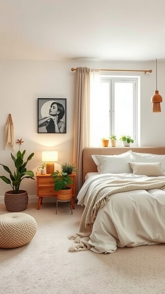 A cozy Nordic Scandi Boho Bedroom featuring a bed with layered bedding, wooden furniture, and plants.