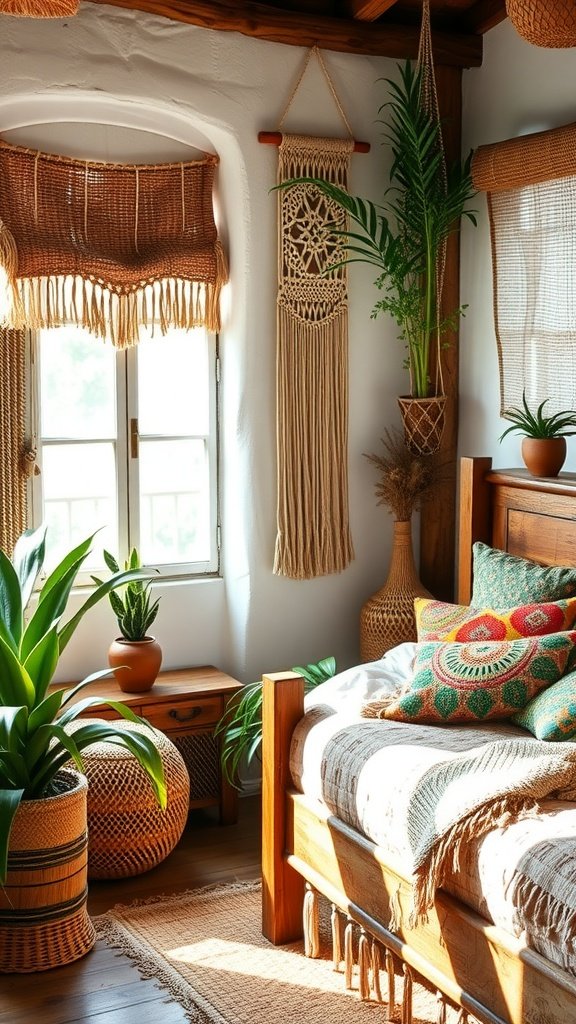 Rustic boho bedroom interior with wooden bed, macrame wall hangings, and plants