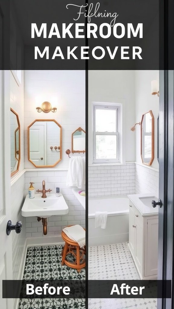 Before and after image of a bathroom makeover showing a dark patterned floor and small sink on the left, and a bright modern bathroom with a bathtub on the right.