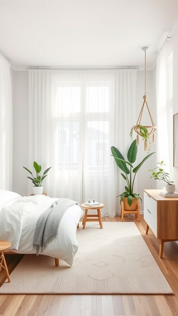 A minimalist Nordic Scandi Boho bedroom featuring a white bed, plants, and natural light.