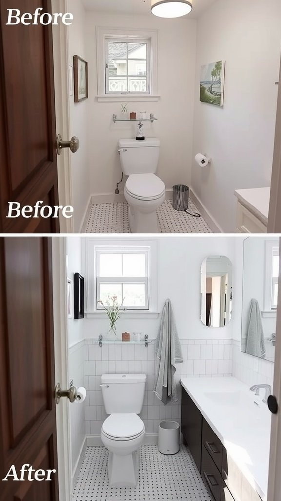 Before and after images of a bathroom remodel showcasing a modern transformation.