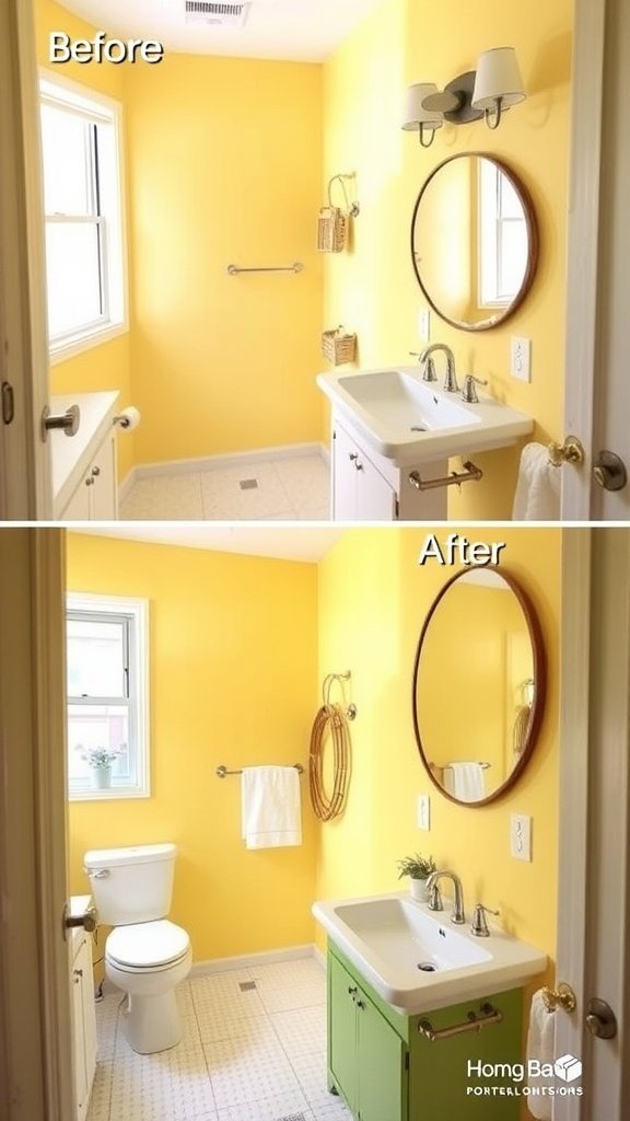 Before and after images of a bathroom makeover showing a transition from a yellow bathroom to a modern white and green design.