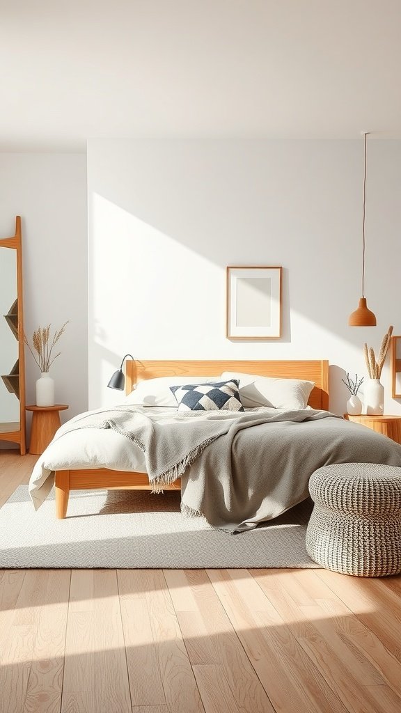 A modern minimalist bedroom with a wooden bed, cozy blanket, decorative pillows, and warm natural light.