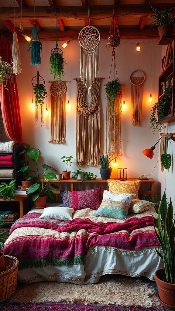 Cozy Boho bedroom with colorful blankets, macramé decor, and warm lighting