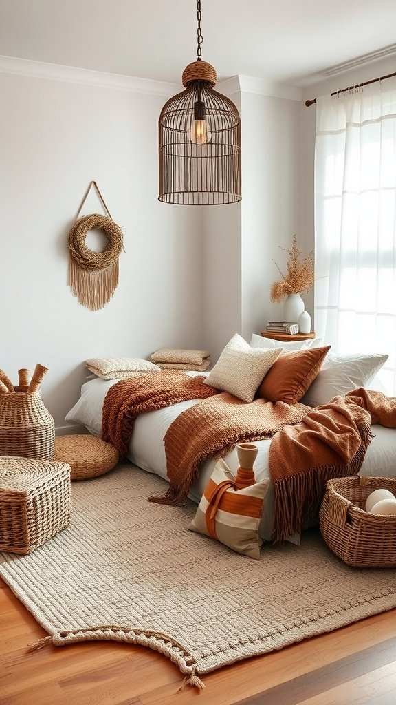 A cozy Scandi Boho bedroom with braided rug, warm throw blankets, woven baskets, and a pendant light.