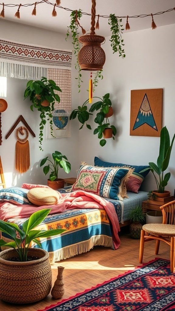 A cozy Boho bedroom apartment featuring colorful bed linens, plants, and woven decor.