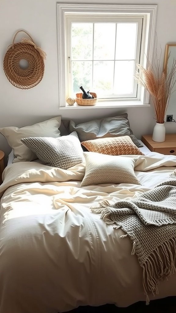 Cozy layered bedding with decorative pillows in a Nordic Scandi Boho bedroom