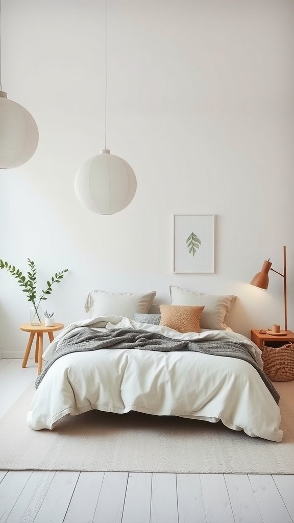 A cozy Scandi Boho bedroom featuring white walls, a plush bed with neutral bedding, hanging light fixtures, and a wooden side table with plants.