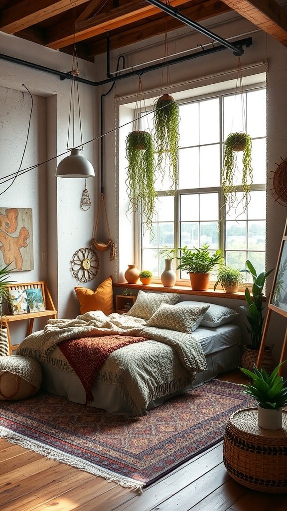 A cozy boho loft featuring a bed with layered bedding, hanging plants, and warm lighting.