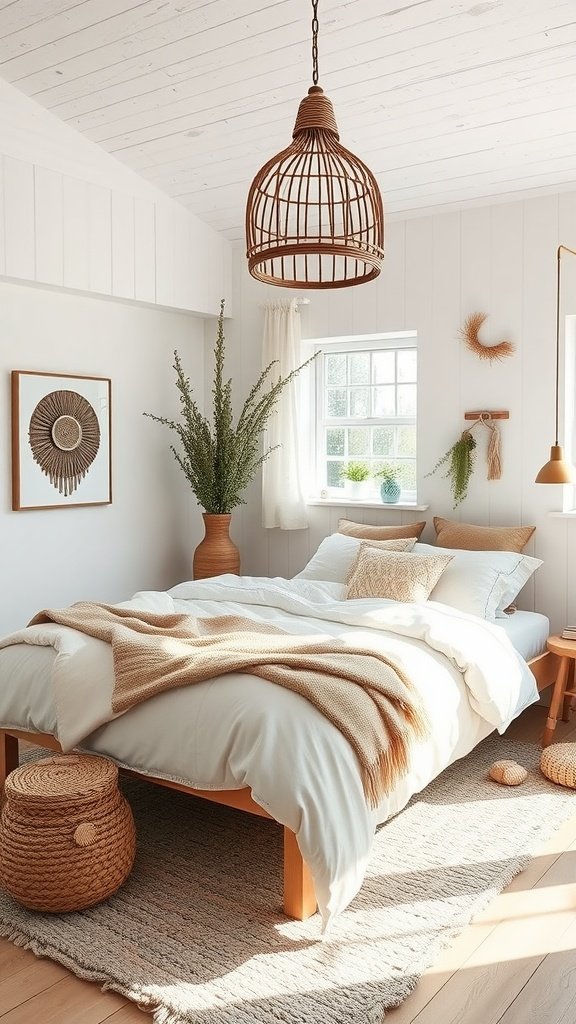 A cozy Nordic Scandi Boho bedroom with neutral tones, featuring a wooden bed, soft throw, and natural decor.