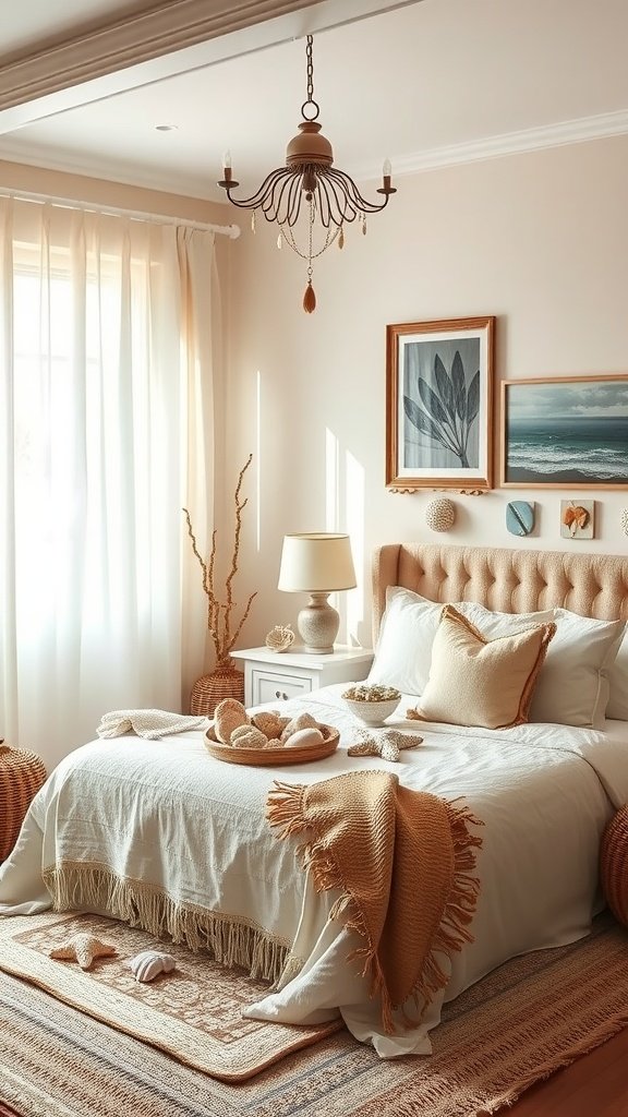 Cozy boho bedroom with beach-themed decor featuring natural textures and soft colors