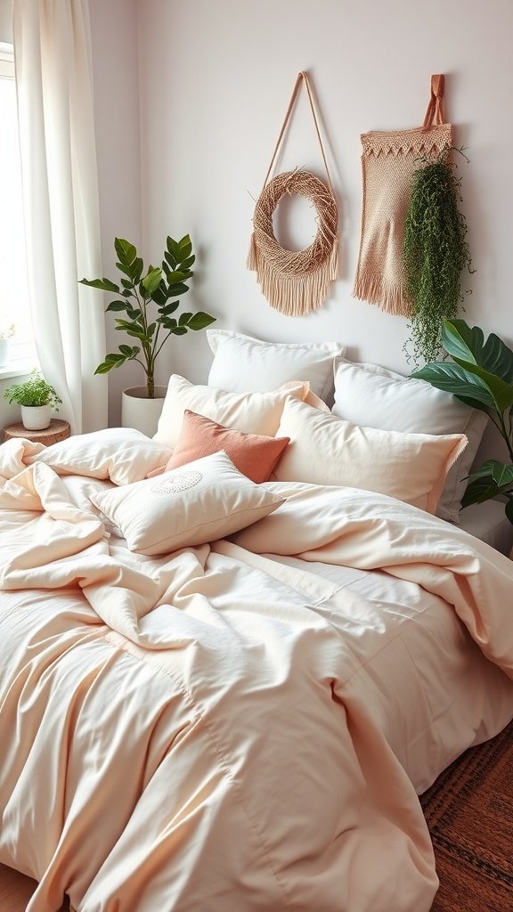 Cozy bedroom with soft, neutral duvet, accent pillows, and natural decor.