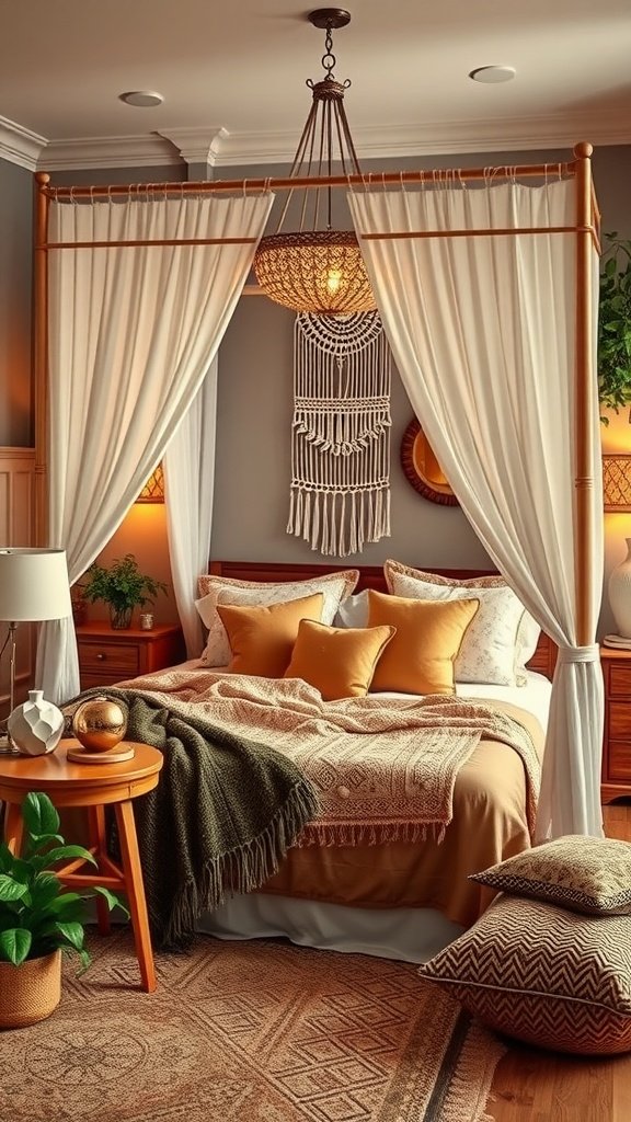 A cozy boho bedroom apartment featuring a canopy bed, warm textiles, macramé decor, and natural elements.