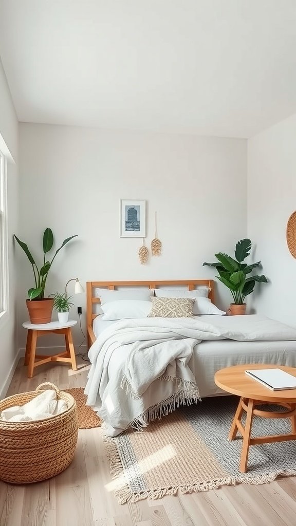 A simplistic Scandinavian Boho bedroom featuring light colors, wooden furniture, plants, and cozy textiles