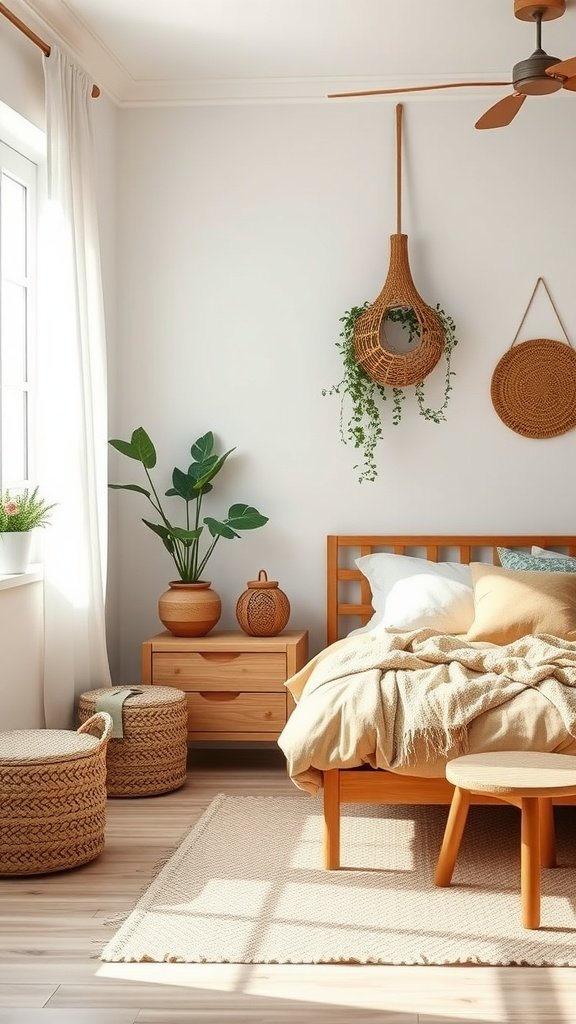 A cozy Nordic Scandi Boho bedroom featuring natural light, wooden furniture, plants, and woven decor.